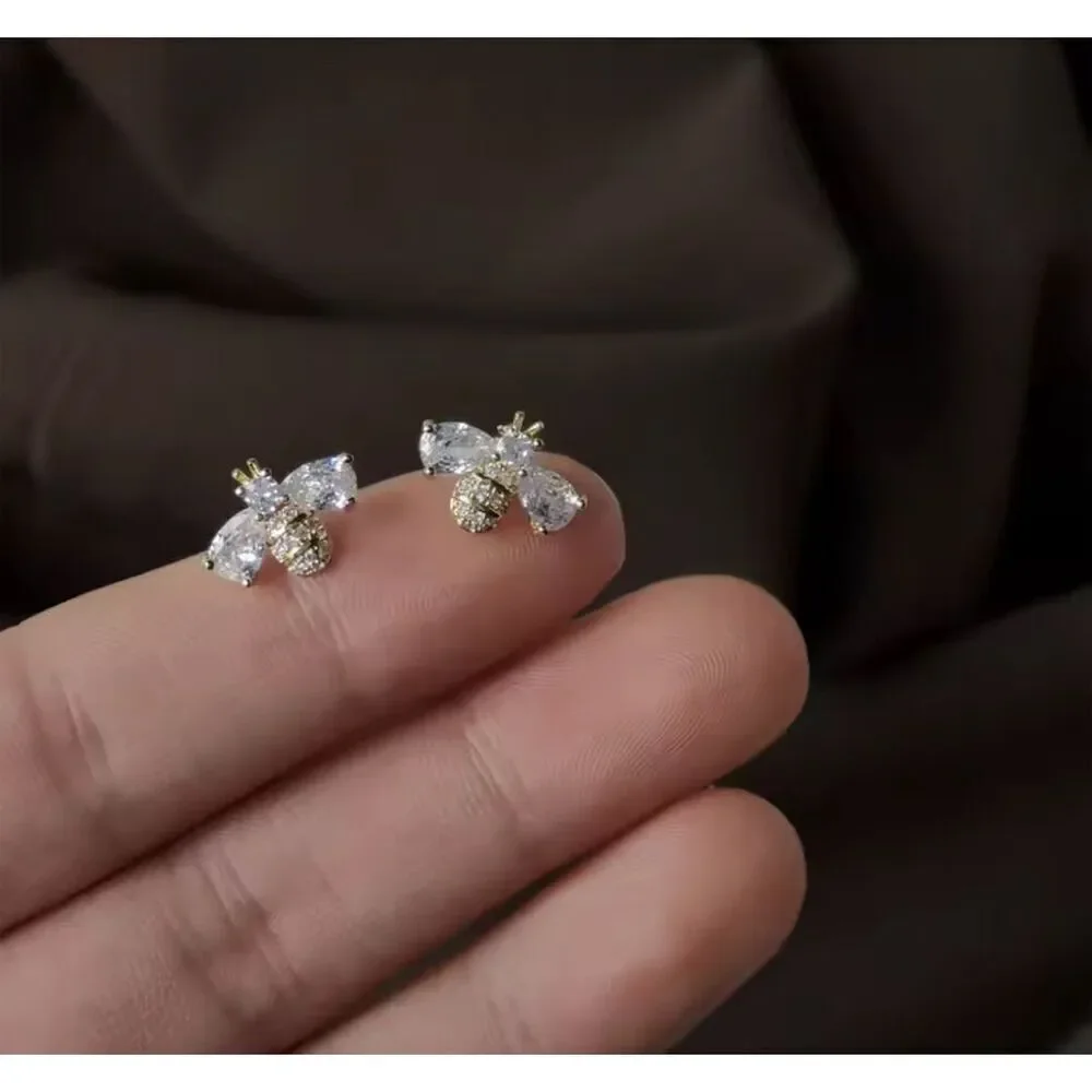 Gold-Tone Bee Stud Earrings Cubic Zirconia Chic Party Gift Birthday